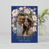 Navy Blush Chinoiserie Blume Foto Save the Date Folieneinladung (Stehend vorne)