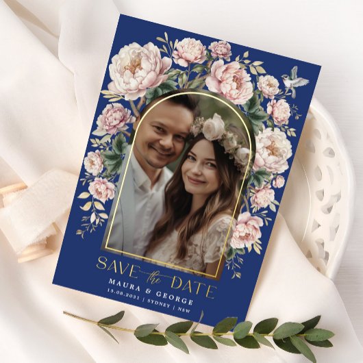 Navy Blush Chinoiserie Blume Foto Save the Date Folieneinladung