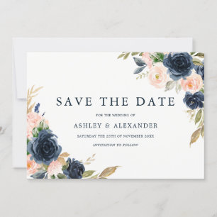Navy-Blush Elegante Moderne Florale Hochzeit Save The Date
