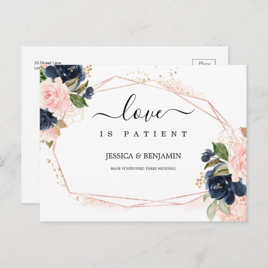 Navy Blush Flora Frame Liebe ist stationiert Postkarte (Vorne/Hinten)