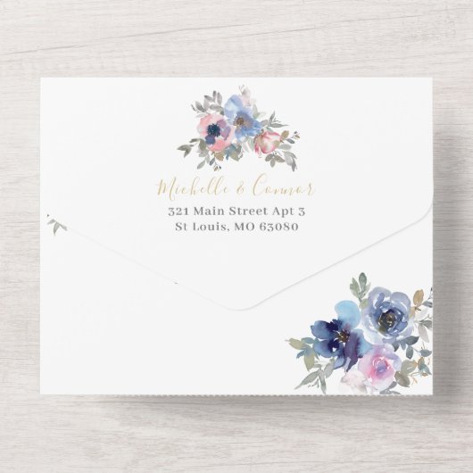 Navy & Blush Floral All in One Wedite Einladung (Rückseite)