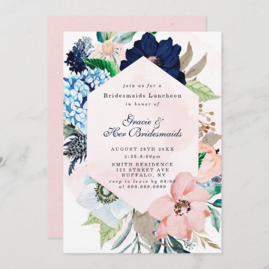 Navy Blush Floral Bridesmaids Luncheon Einladungen (Vorne/Hinten)