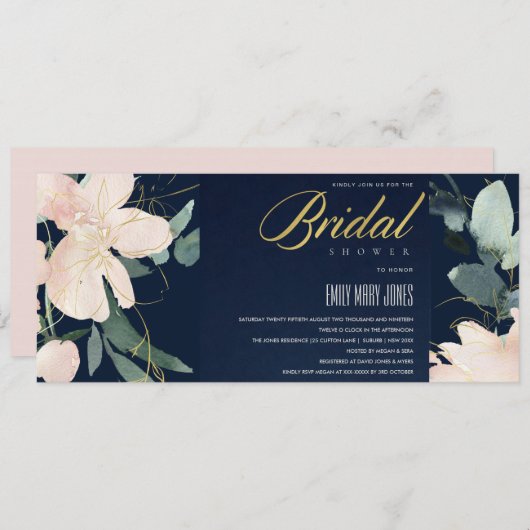 NAVY BLUSH FLORAL BUNCH WATERCOLOR BRAUTPARTY EINLADUNG (Vorne/Hinten)