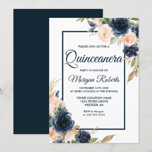 Navy & Blush Floral Elegantes Quinceanera Party Einladung