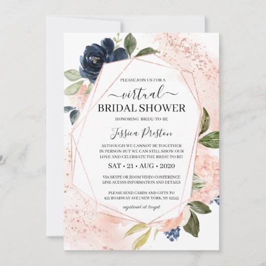 Navy Blush Floral Geometric Virtual Brautparty Einladung (Vorderseite)