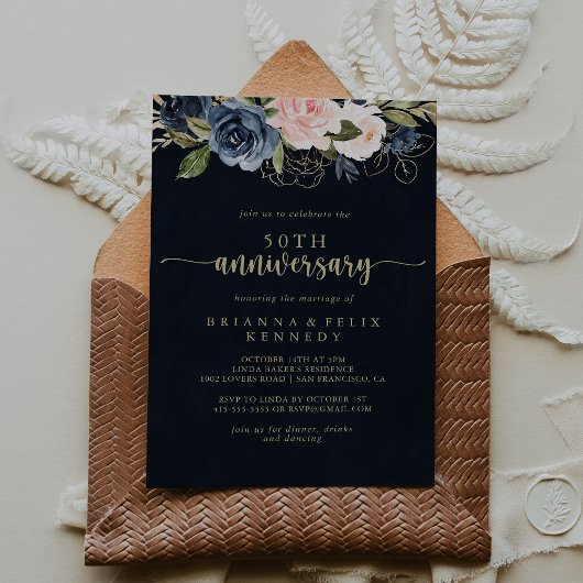 Navy Blush Floral Gold 50. Hochzeitstag Einladung