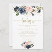 Navy Blush Floral Gold BabyQ Baby Shower Barbecue Einladung (Vorderseite)