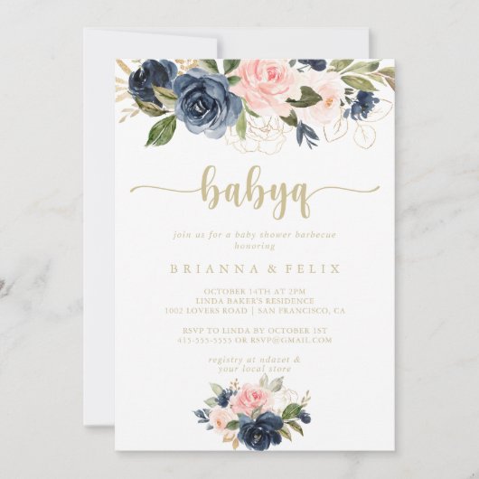 Navy Blush Floral Gold BabyQ Baby Shower Barbecue Einladung (Vorderseite)