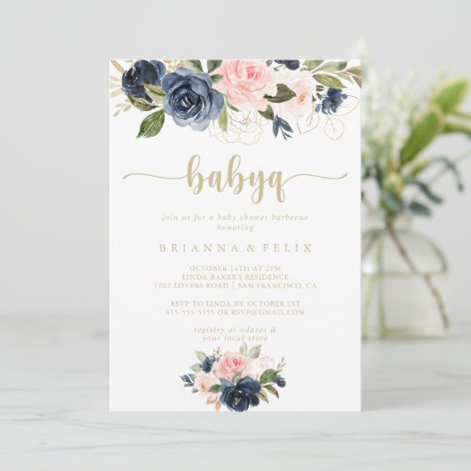 Navy Blush Floral Gold BabyQ Baby Shower Barbecue Einladung (Stehend Vorderseite)