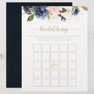Navy Blush Floral Gold Bridal Bingo Spiel