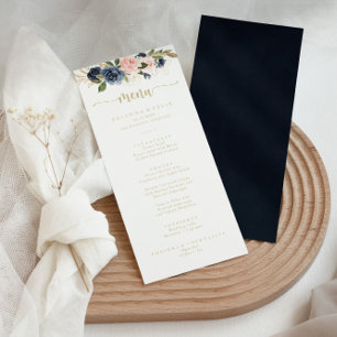 Navy Blush Floral Gold Calligraphy Dinner Menükarte