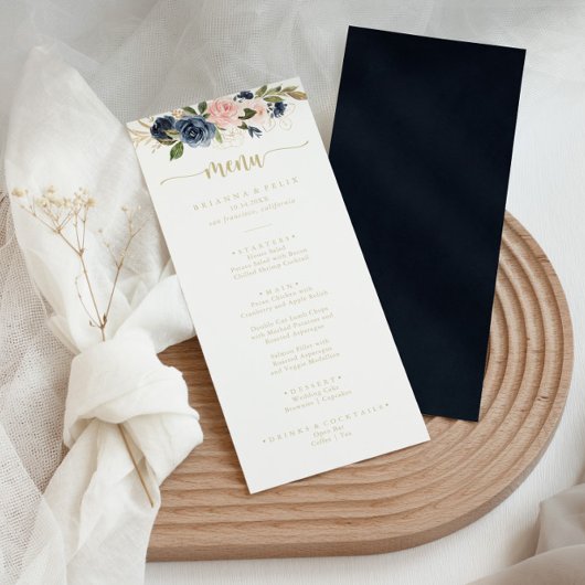 Navy Blush Floral Gold Calligraphy Dinner Menükarte