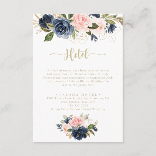 Navy Blush Floral Gold Calligraphy Hotel Begleitkarte (Vorderseite)