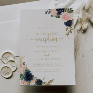 Navy Blush Floral Gold Hochzeitsempfang   Einladung