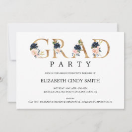 Navy Blush Floral Gold Letter Party Foto Einladung