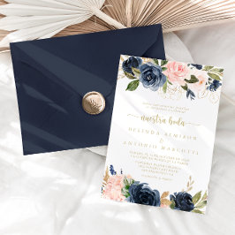 Navy Blush Floral Gold Nuestra Boda Wedding Einladung