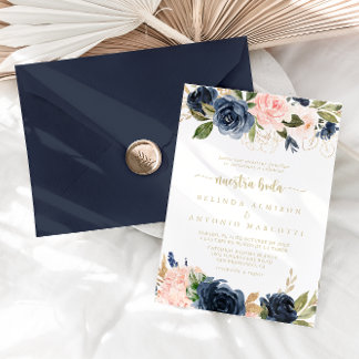 Navy Blush Floral Gold Nuestra Boda Wedding Einladung