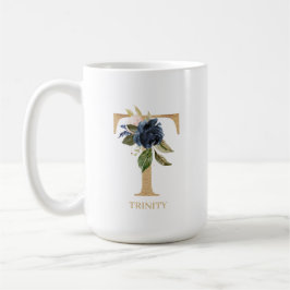 Navy Blush Floral Monogram Letter "T" Personalisie Kaffeetasse