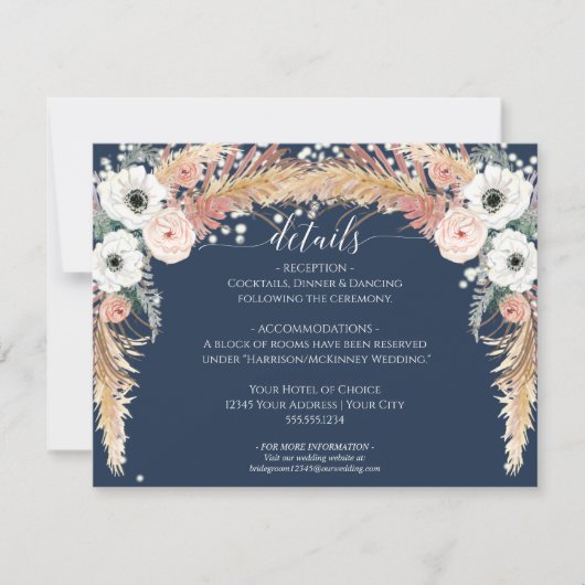 Navy Blush Floral Pampas Grass Twinkle Lights Einladung (Vorderseite)