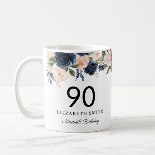 Navy Blush Floral Personalisiert 90. Geburtstag Kaffeetasse (Links)