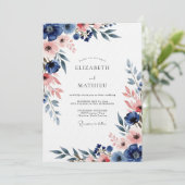 Navy & Blush Floral Romance Wedding Einladung (Stehend Vorderseite)