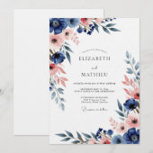 Navy & Blush Floral Romance Wedding Einladung (Vorne/Hinten)