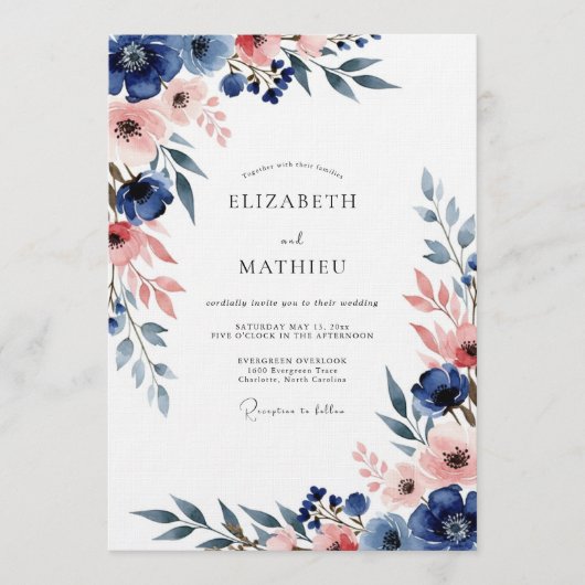 Navy & Blush Floral Romance Wedding Einladung (Vorderseite)