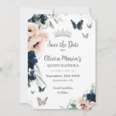 Navy Blush Floral Silberschmetterlinge Quinceañera Save The Date (Vorderseite)