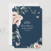 Navy Blush Floral Silberschmetterlinge Quinceañera Save The Date (Rückseite)
