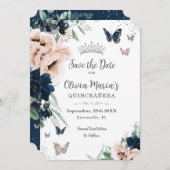 Navy Blush Floral Silberschmetterlinge Quinceañera Save The Date (Vorne/Hinten)