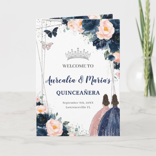 Navy Blush Floral Twins Princess Quinceañera Programm (Vorderseite)