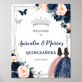 Navy Blush Floral Twins Silver Quinceañera Poster