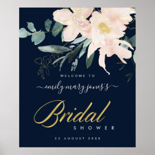 NAVY BLUSH FLORAL WATERCOLOR BRAUTPARTY WILLKOMMEN POSTER