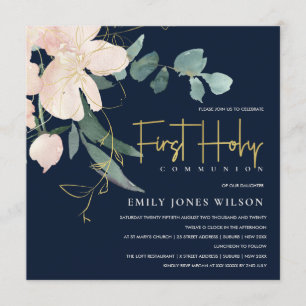 NAVY BLUSH FLORAL WATERCOLOR FIRST HOLY COMMUNION EINLADUNG