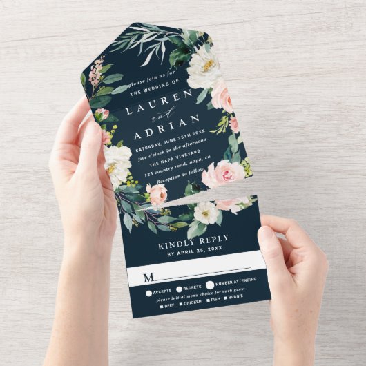 Navy Blush Floral Wreath Weddin All In One Einladung (Abreißen)