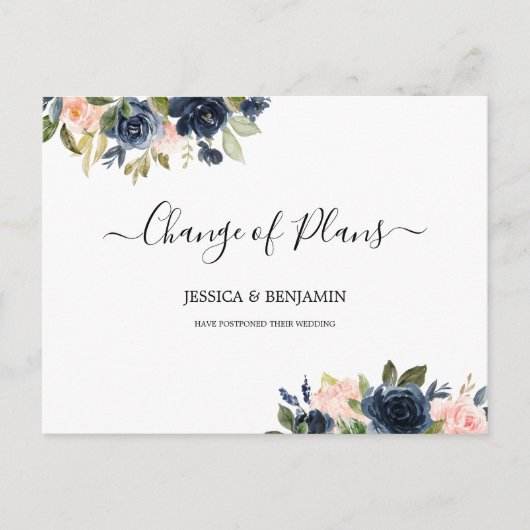 Navy Blush Floral Zurückgestellt Skriptwechsel Plä Postkarte (Vorderseite)