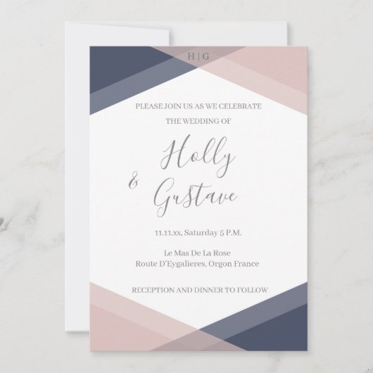 Navy Blush Geometric Monogram Modern Chic Wedding Einladung (Vorderseite)