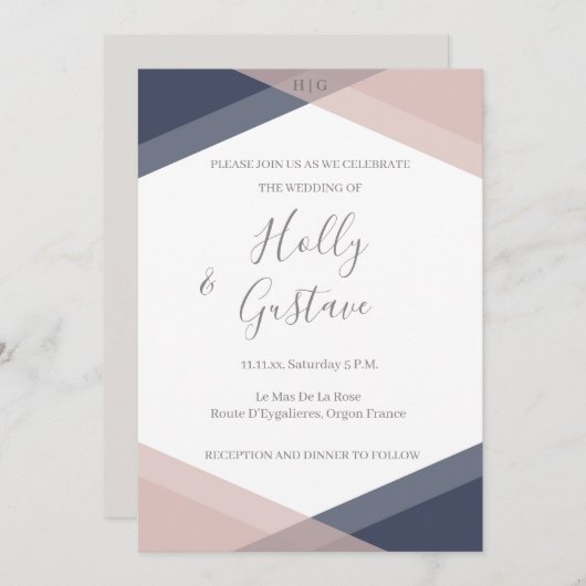 Navy Blush Geometric Monogram Modern Chic Wedding Einladung (Vorne/Hinten)