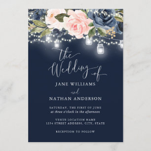 Navy-Blush-Gold-Blumen-Rustikal-Holze Hochzeits-Ei Einladung