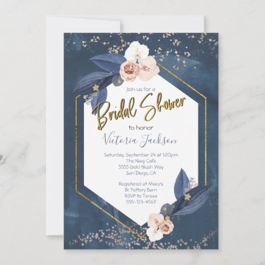 Navy Blush Gold Brautparty Einladung (Vorderseite)