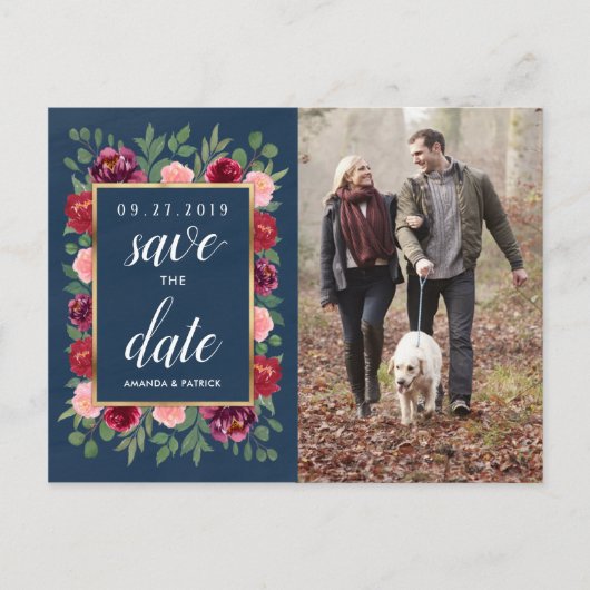 Navy Blush Gold Burgund Save the Date Postkarten (Vorderseite)