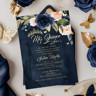 Navy Blush Gold Butterfly Mis Quince Quinceanera Folieneinladung