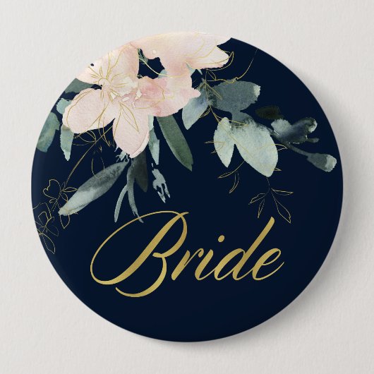 NAVY BLUSH GOLD FLORAL BUNCH WATERCOLOR BRIDE BUTTON (Vorderseite)