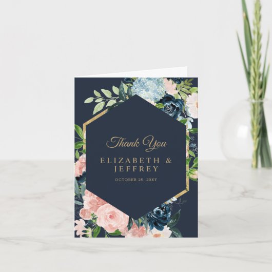Navy Blush Gold Floral Geometric Danke Karte (Vorderseite)