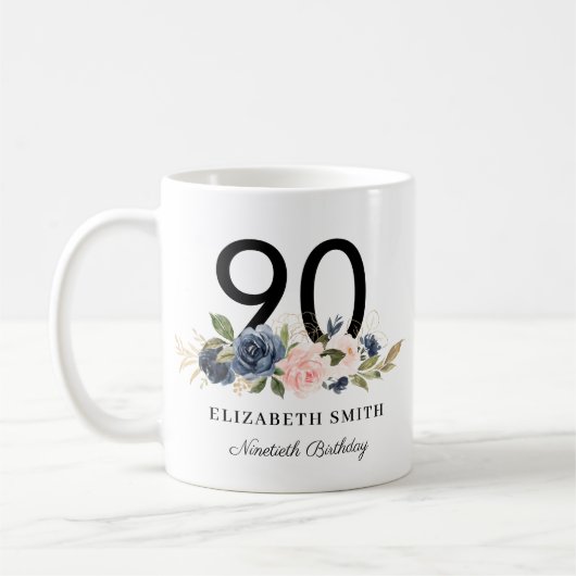 Navy Blush Gold Floral Personalisiert 90. Geburtst Kaffeetasse (Links)