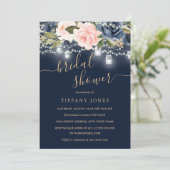 Navy Blush Gold Floral Rustic Wood Brautparty Einladung (Stehend Vorderseite)