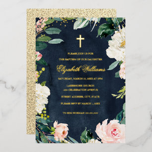 Navy Blush Gold Floraler Kranz Kreuz Mädchen Taufe Folieneinladung