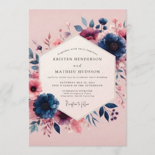Navy-Blush-Hochzeitsblüten Einladung (Vorderseite)