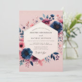 Navy-Blush-Hochzeitsblüten Einladung (Stehend Vorderseite)