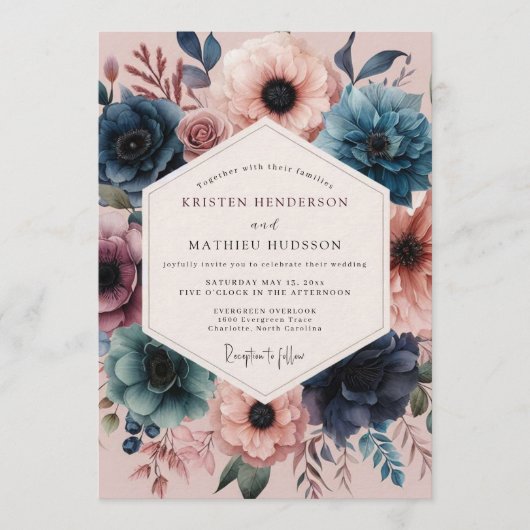Navy Blush Lebendige Flora Hochzeit Einladung (Vorderseite)